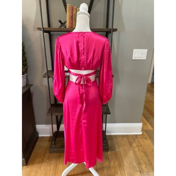 RAHI Cierra Cutout Balloon Sleeve Satin Midi Dress Fuchsia Womens Size Small - Picture 6 of 11